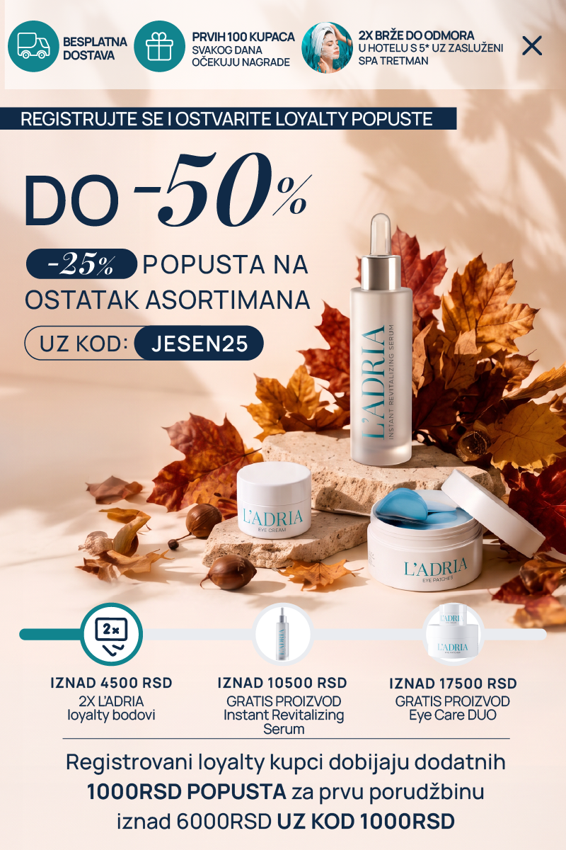 Registrujte se i iskoristite kod 1000RSD za dodatnih 1.000 RSD popusta na prvu kupovinu iznad 6.000 RSD. Prvih 100 kupaca svakog dana za porudžbine iznad 4.500 RSD ostvaruje duplo više loyalty bodova, za porudžbine iznad 10.500 RSD dobija Instant Revitalizing Serum na poklon, dok za porudžbine iznad 17.500 RSD dobija i Eye Care DUO na poklon.